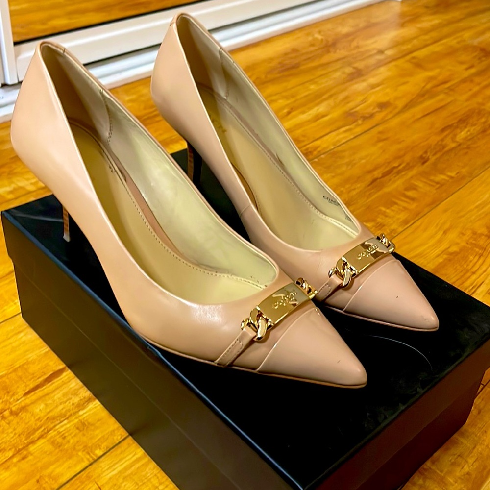 Coach Beige Leather with Gold Buckle and Wood Heels
